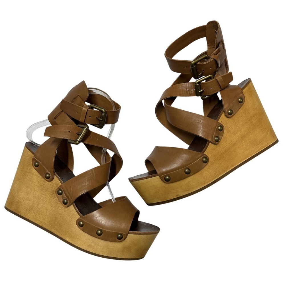 Ash Sandal Wedge Strappy Wrap Ankle Platform Brown Leather Size 37 6.5 Studded